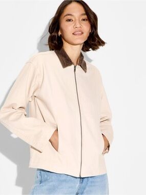 Women's Wild Fable Cream Jacket with Brown Collar - Lightweight Zip Front